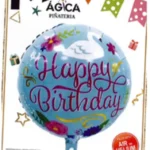 Globo Metálico Redondo “Happy Birthday” Azul Floral 18”