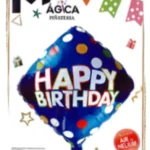 Globo Metálico Forma Diamante “Happy Birthday” Azul con Puntos 18”