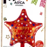 Globo Metálico Estrella “Happy Birthday” Rojo con Puntos 18”