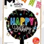 Globo Metálico Redondo “Happy Birthday” Negro Neón 18”