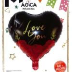 Globo Metálico Corazón “Love You” Negro con Rosas Rojas 18”