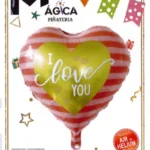Globo Metálico Corazón “I Love You” Rayas Rojo con Centro Amarillo 18”